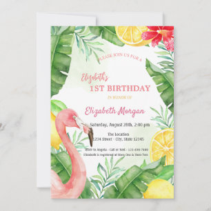 Watercolor Summer Flamingo First Birthaday Invitation