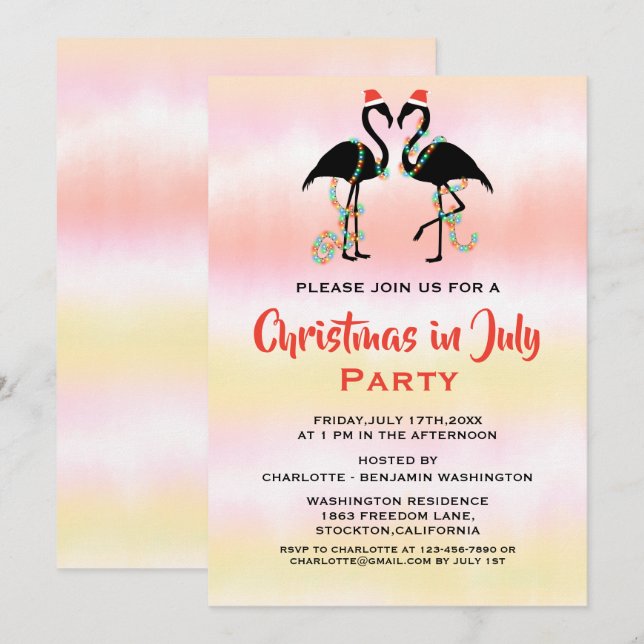 Watercolor Summer Flamingos Christmas In July  Invitation (Front/Back)