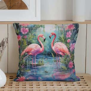 Watercolor Summer Flamingos Throw Pillow