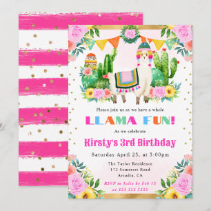 Watercolor Summer Floral Llama Kids Birthday Invitation