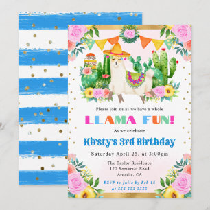 Watercolor Summer Floral Llama Kids Birthday Invitation