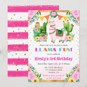 Watercolor Summer Floral Llama Kids Birthday Invitation
