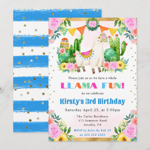 Watercolor Summer Floral Llama Kids Birthday Invitation