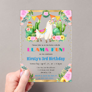 Watercolor Summer Floral Llamas Kids Birthday Acrylic Invitations