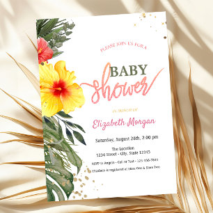 Watercolor Summer Flowers Hibiscus Baby Shower Invitation