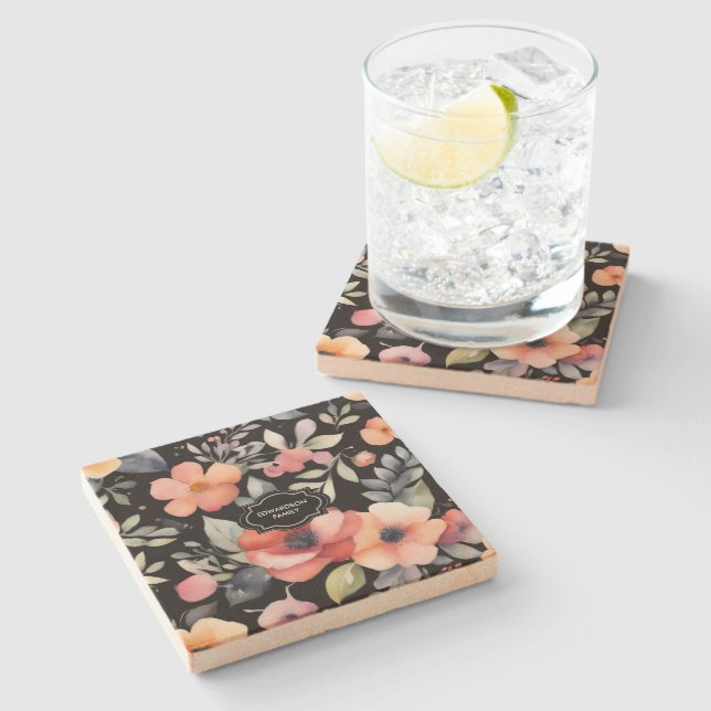 Watercolor summer flowers pattern monogrammed stone coaster (Side)