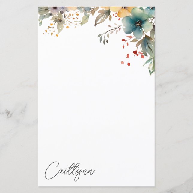 Watercolor Summer Flowers Personalized Stationery (Front)