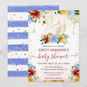 Watercolor Summer Flowers Swan Baby Shower Invitation