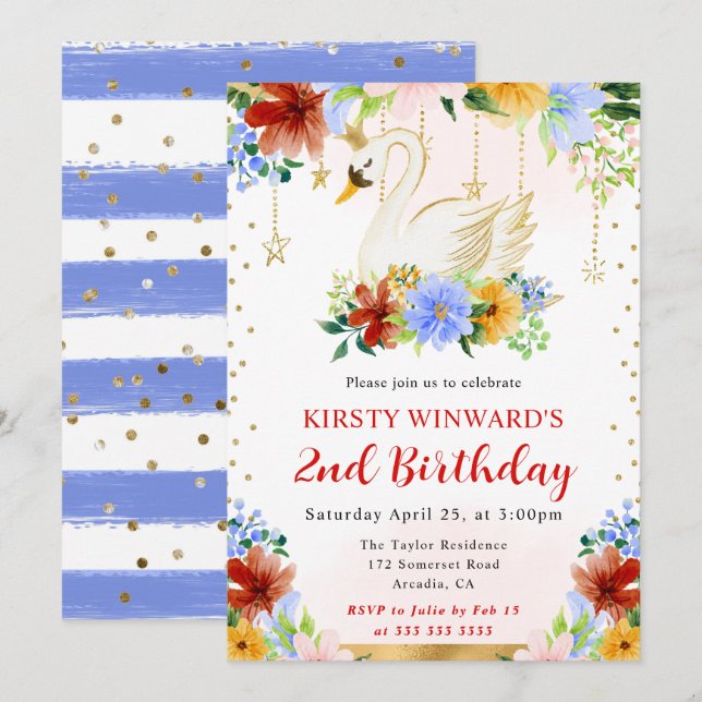 Watercolor Summer Flowers Swan Birthday Invitation (Front/Back)