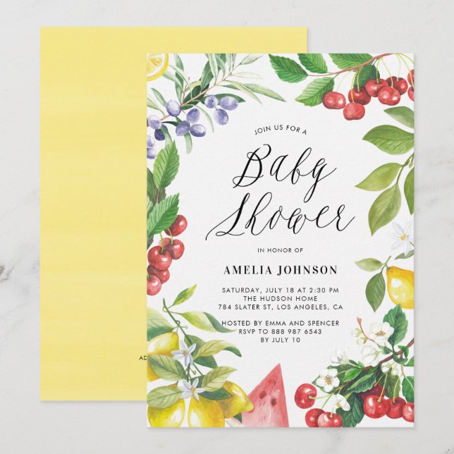 Watercolor Summer Fruits Floral Baby Shower Invitation (Front/Back)