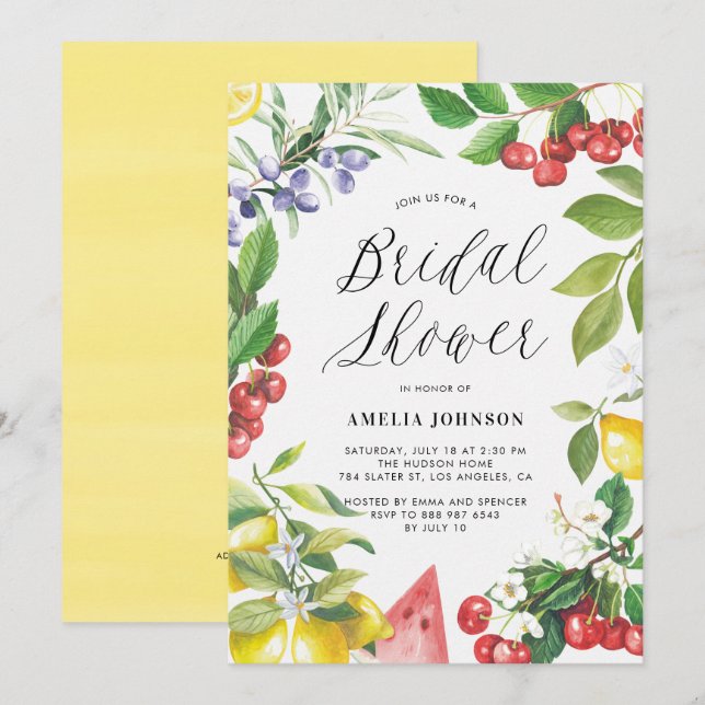 Watercolor Summer Fruits Floral Bridal Shower Invitation (Front/Back)