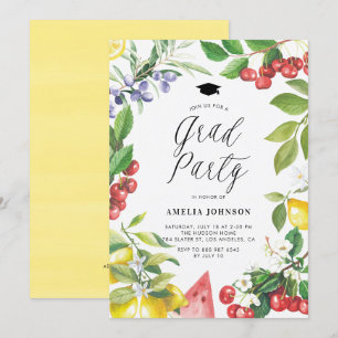 Watercolor Summer Fruits Floral Graduation Party Invitation