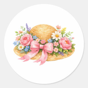 Watercolor Summer Hat with Flowers and Ribbon  Classic Round Sticker