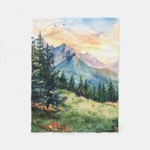Watercolor Summer Mountain Fleece Blanket