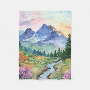Watercolor Summer Mountain Fleece Blanket