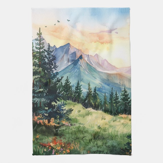 Watercolor Summer Mountain Kitchen Towel (Vertical)