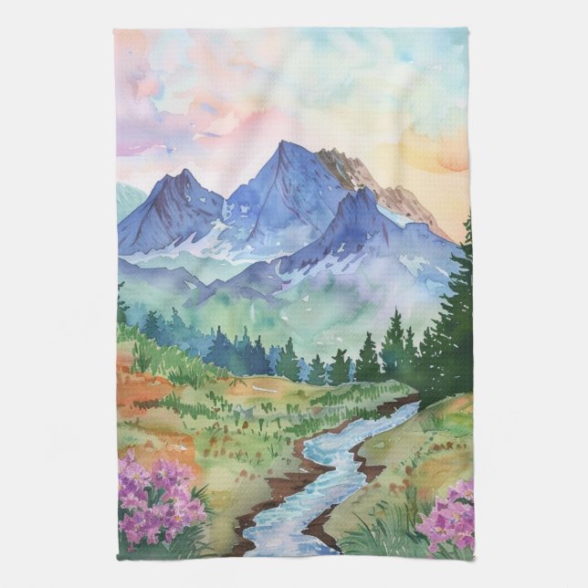 Watercolor Summer Mountain Kitchen Towel (Vertical)