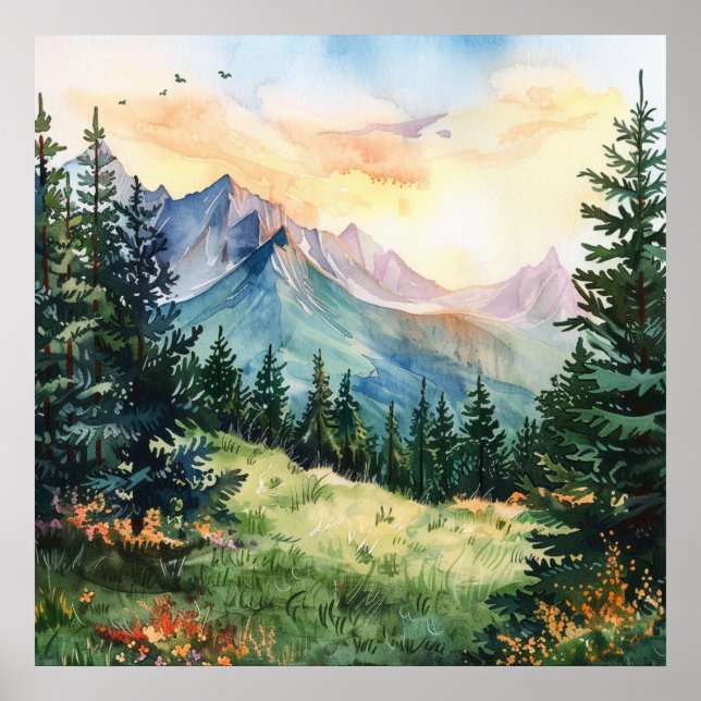 Watercolor Summer Mountain Poster (Front)