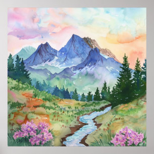Watercolor Summer Mountain Poster