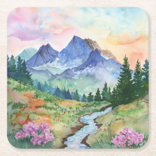Watercolor Summer Mountain Square Paper Coaster