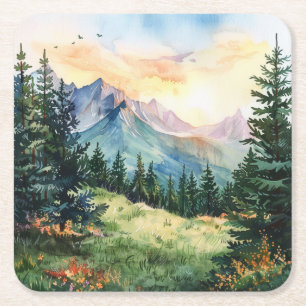 Watercolor Summer Mountain Square Paper Coaster