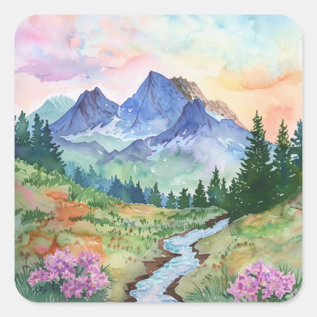 Watercolor Summer Mountain Square Sticker (Front)