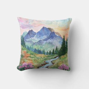 Watercolor Summer Mountain Throw Pillow