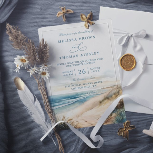 Watercolor Summer Ocean Beach QR Code Wedding Invitation (Creator Uploaded)