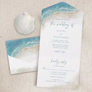 Watercolor Summer Ocean Beach Wedding All In One Invitation
