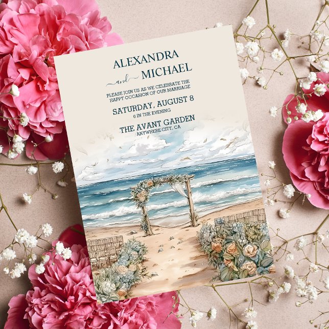 Watercolor Summer Ocean Beach Wedding Invitation (Creator Uploaded)