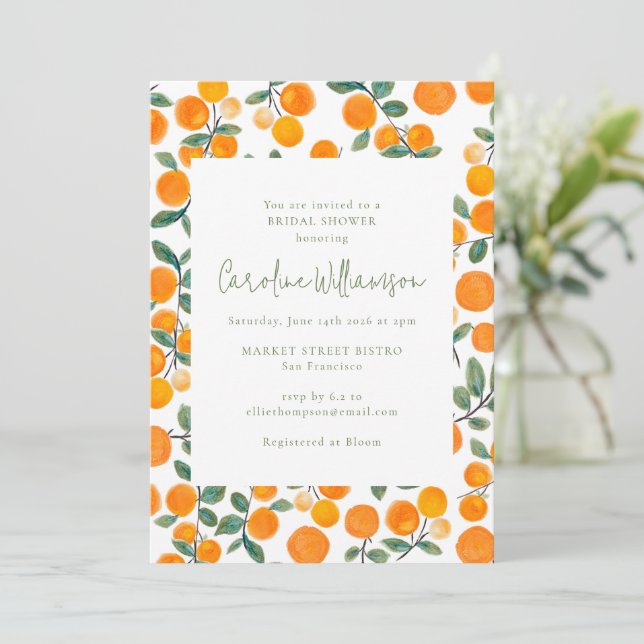 Watercolor Summer Oranges Fruit Bridal Shower Invitation (Standing Front)
