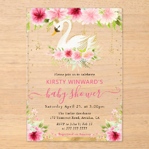 Watercolor Summer Pink Flowers Swan Baby Shower Acrylic Invitations