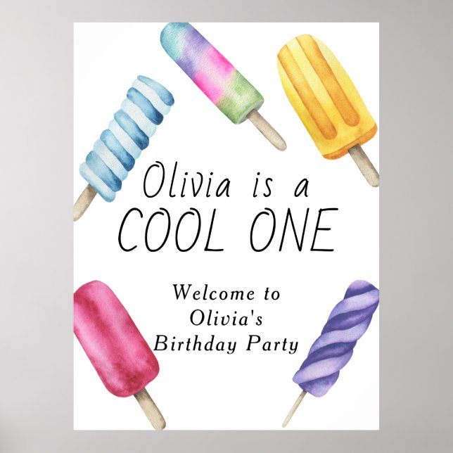 Watercolor Summer Popsicle Ice Cream Kids Birthday Poster (Front)
