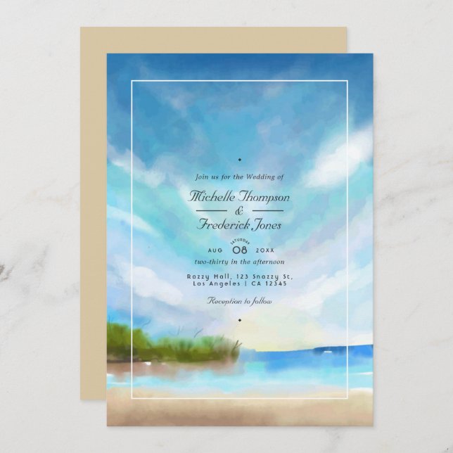 Watercolor Summer QR Code RSVP Beach Wedding Invitation (Front/Back)