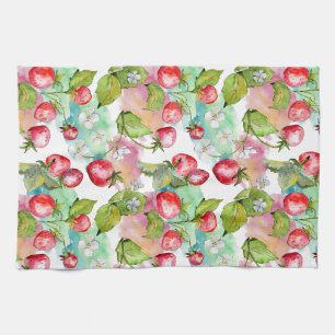 Watercolor Summer Strawberry Pattern Kitchen Towel
