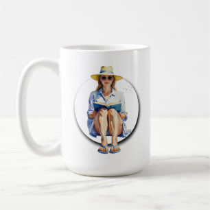 Watercolor Summer Woman with Sun Hat and Book Coffee Mug