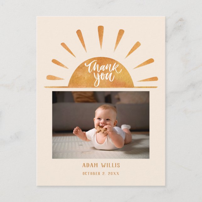 Watercolor Sun Custom Baby Photo Baby Shower Thank Postcard (Front)