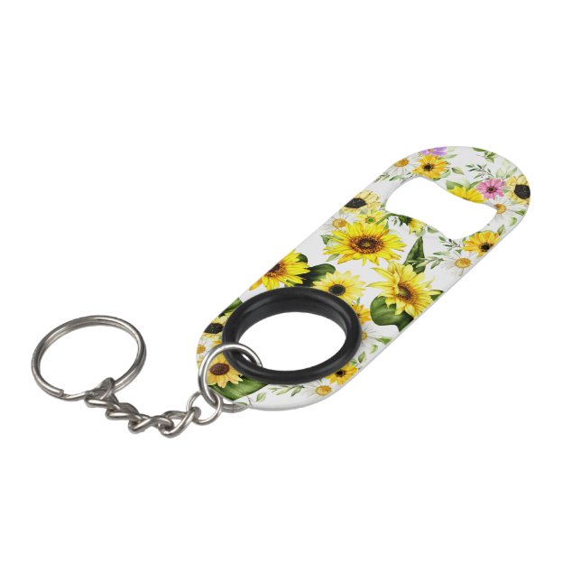 Watercolor Sunflower 7 Keychain Bottle Opener (Front Angled)