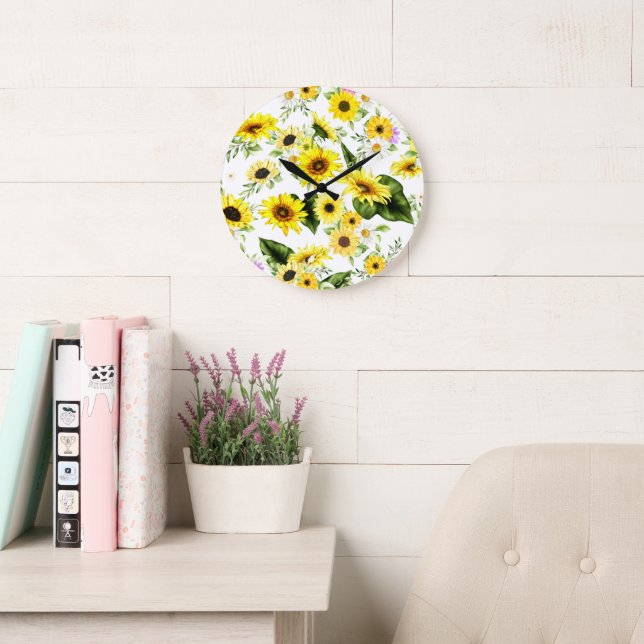 Watercolor Sunflower 7 Large Clock (Reading Room)