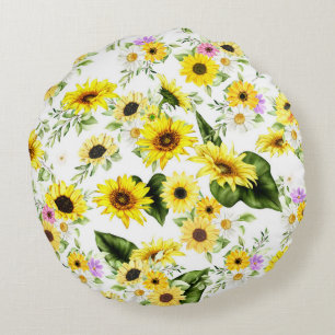 Watercolor Sunflower 7 Round Pillow