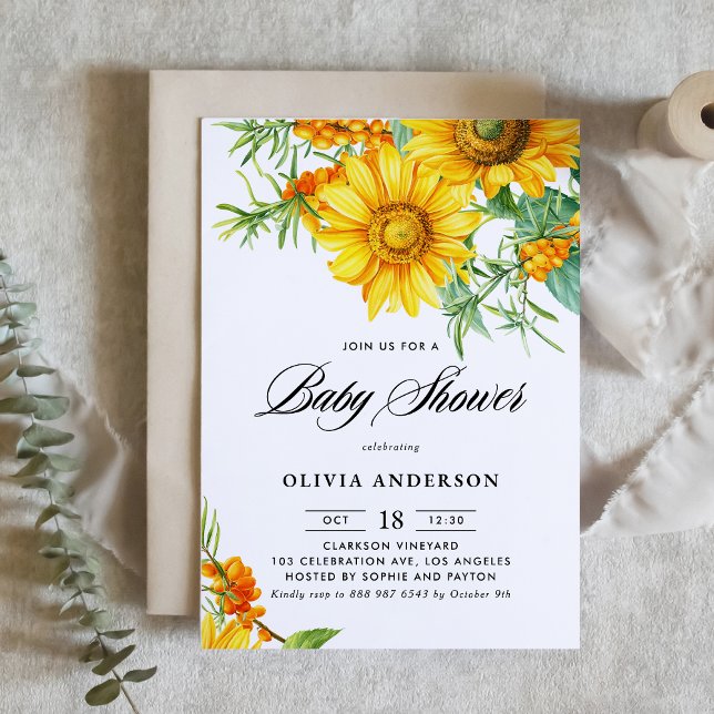 Watercolor Sunflower and Sea Buckthorn Baby Shower Invitation (Botanical baby shower invitation featuring illustrations of yellow sunflower and sea buckthorn.)