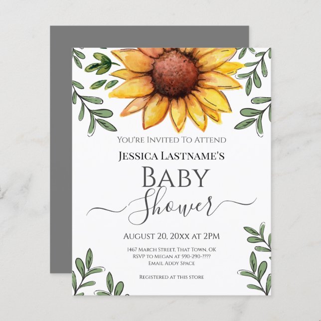 Watercolor Sunflower Baby Shower Budget Invitation (Front/Back)