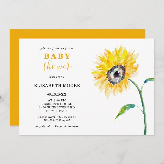 Watercolor sunflower Baby shower elegant simple Invitation (Front/Back)