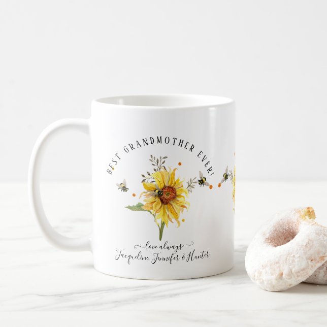 Watercolor Sunflower Bees Best Grandmother Ever Coffee Mug (With Donut)