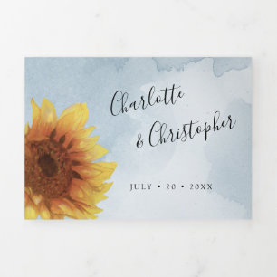Watercolor sunflower blush blue all in one wedding Tri-Fold invitation