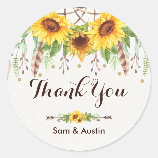 Watercolor Sunflower Boho Dreamcatcher Wedding Classic Round Sticker (Front)