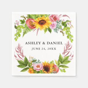 Watercolor Sunflower Boho Floral Wedding Napkin