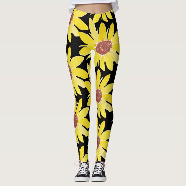 Watercolor Sunflower Bud Vibrant Hand Painted  Leggings (Front)