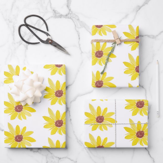 Watercolor Sunflower Buds Hand Painted Pattern Wrapping Paper Sheet (Front)