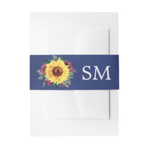 Watercolor Sunflower Burgundy Rose Navy Monogram Invitation Belly Band